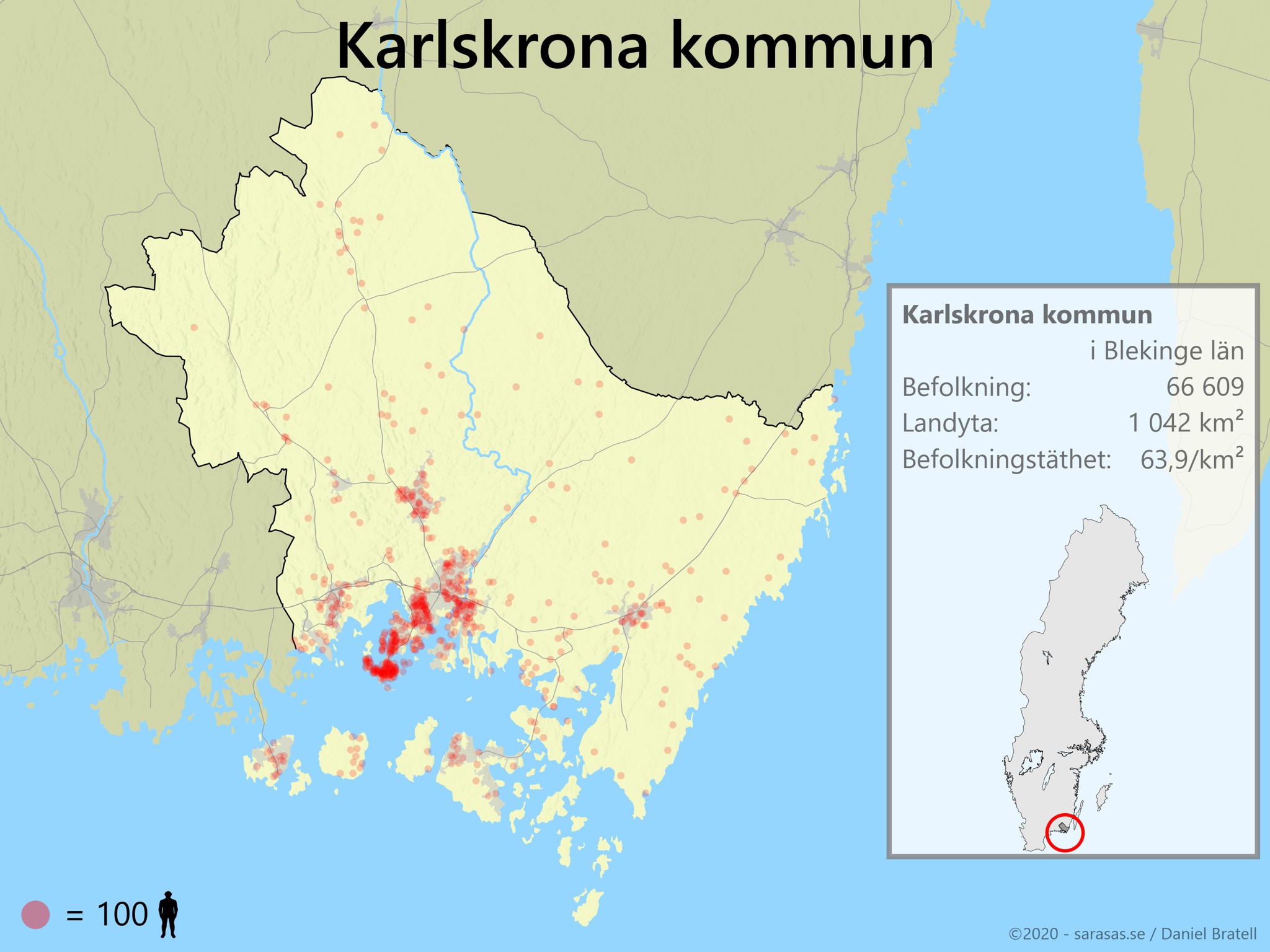 Karlskrona Kommun Karta över Befolkningstäthet - Sarasas Maps