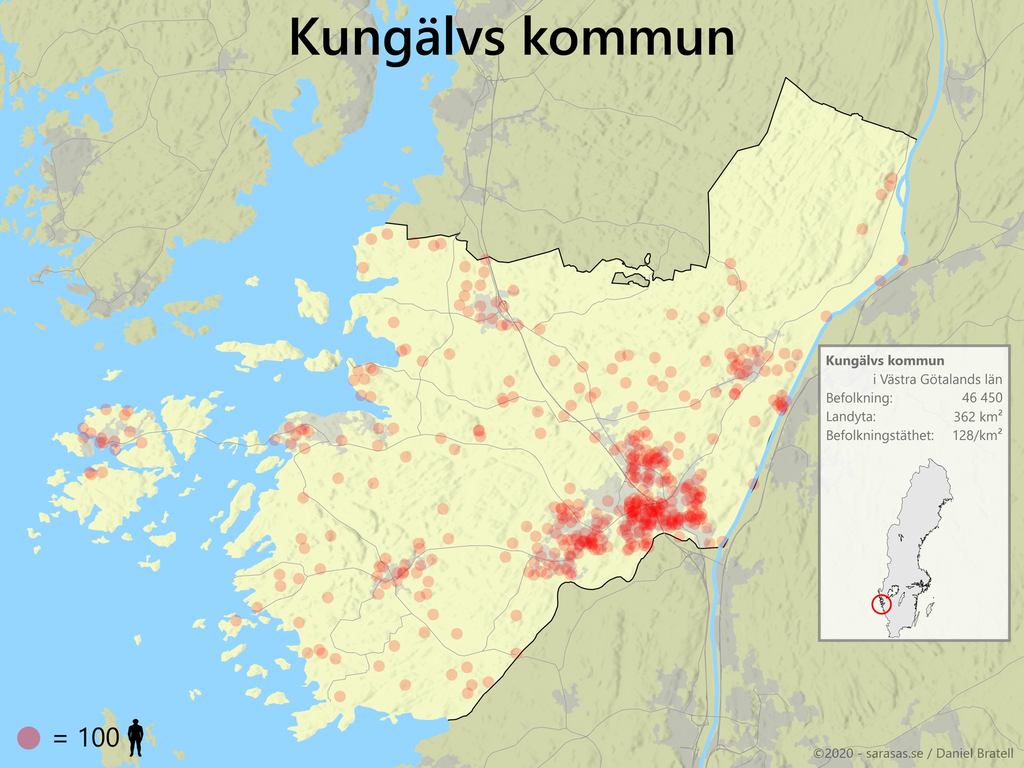 Kungälvs Kommun Karta över Befolkningstäthet - Sarasas Maps