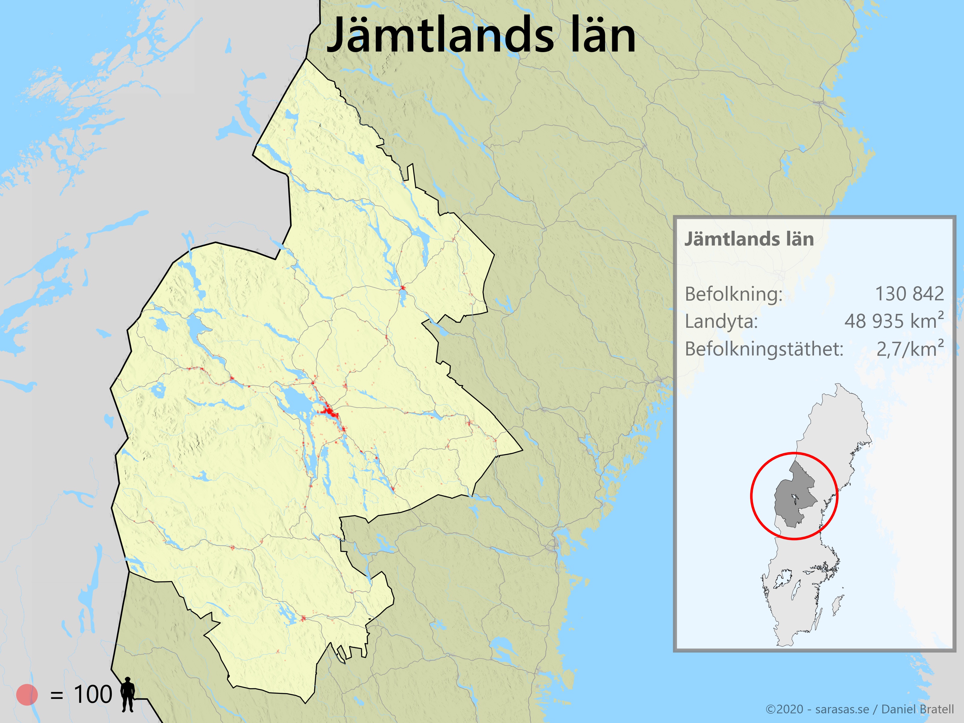 Jämtlands län karta över befolkningstäthet - Sarasas Maps