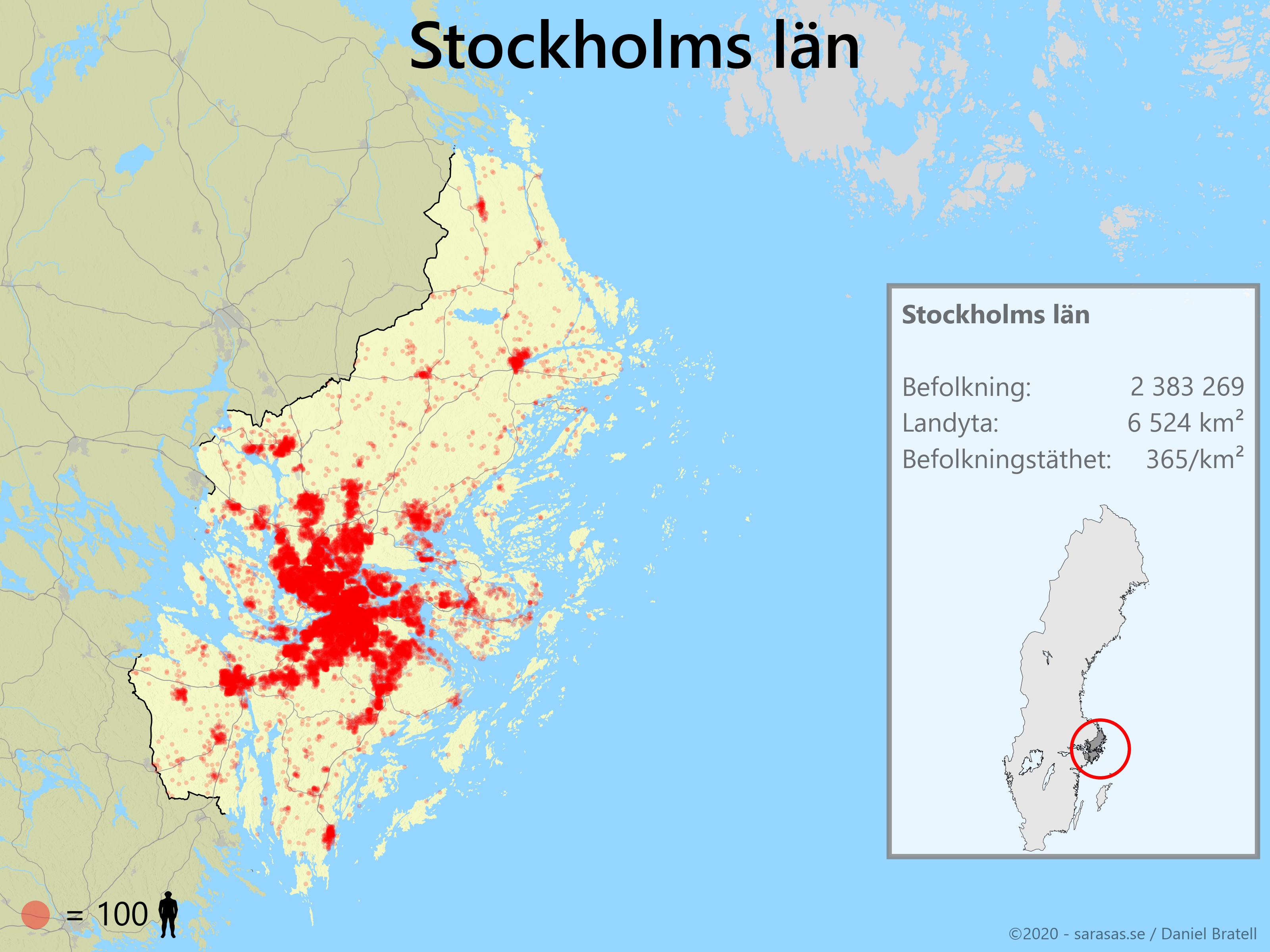 Stockholms län karta över befolkningstäthet - Sarasas Maps