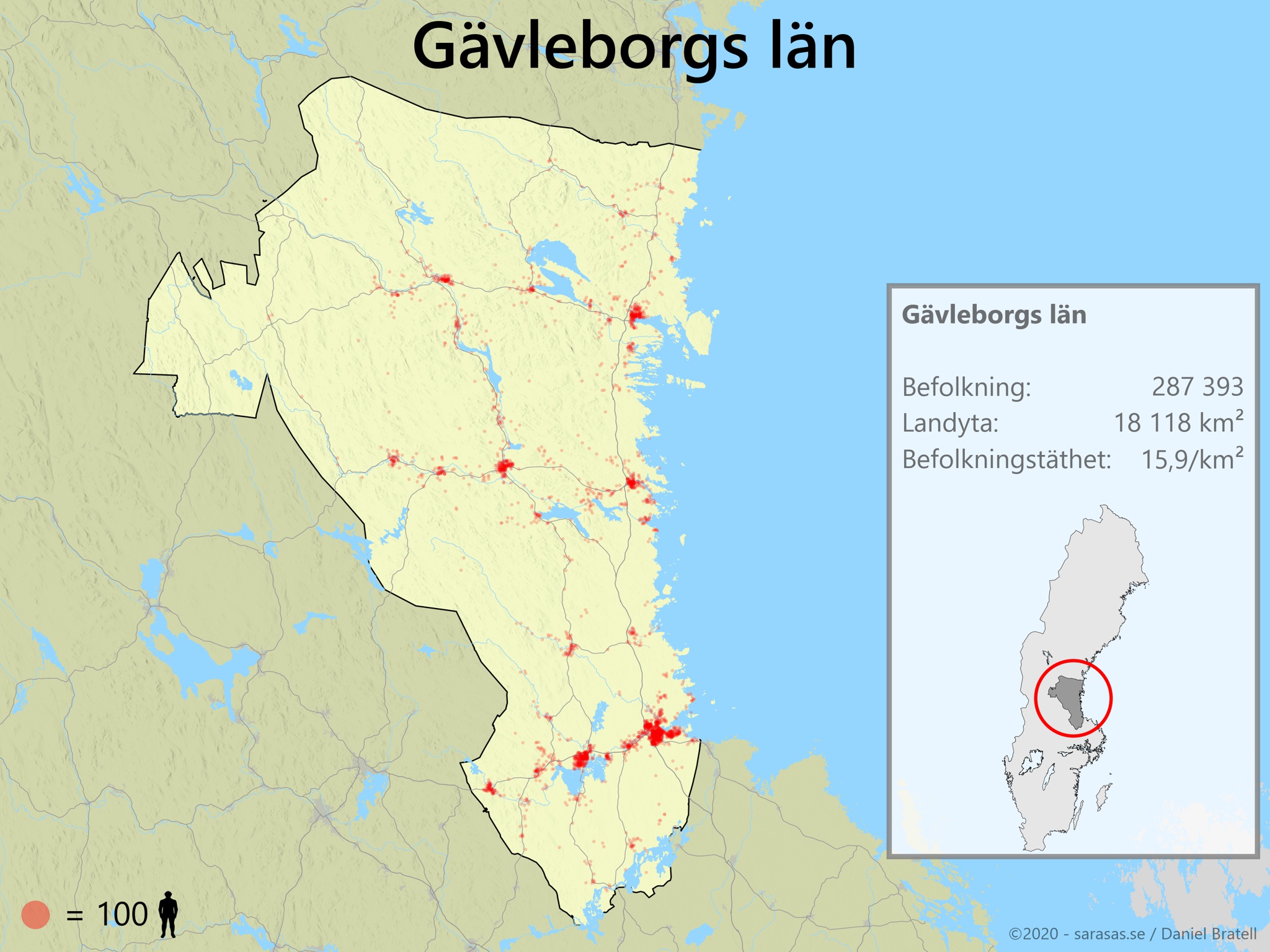 Gävleborgs län karta över befolkningstäthet - Sarasas Maps
